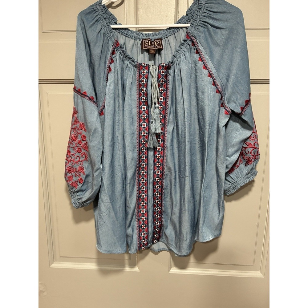 Cowgirl Up Women Top XXL Relaxed Fit Embroidered 3/4 Sleeves Western Oversized